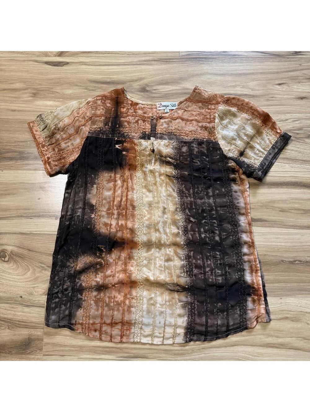 Donga Silk Rust Brown Tie Dye Embroidered Blouse Boho Y2K